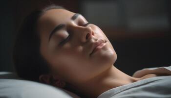 une Jeune femme, yeux fermé, repos confortablement dans une serein chambre généré par ai photo