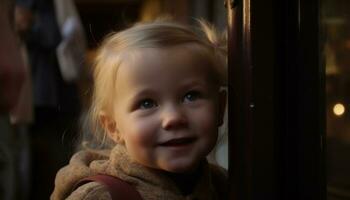 une mignon, souriant caucasien fille, en plein air, à la recherche à caméra, joyeux généré par ai photo