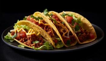 grillé du boeuf taco avec guacamole, tomate, et coriandre sur tortilla généré par ai photo