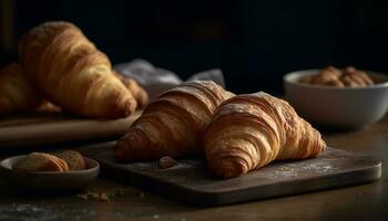 fraîchement cuit croissant sur en bois tableau, une français gourmet délice généré par ai photo