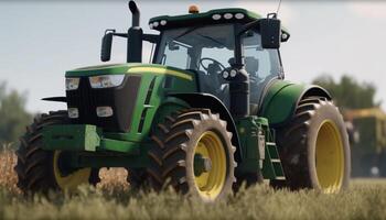 agricole machinerie travail sur une cultiver, récolte blé dans été généré par ai photo