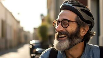 une souriant homme avec une barbe monte une vélo en plein air généré par ai photo