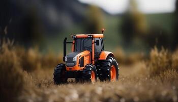 ferme machinerie travail en plein air dans rural scène, récolte blé dans été généré par ai photo