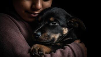 mignonne chiot, petit et espiègle, à la recherche à caméra avec l'amour généré par ai photo