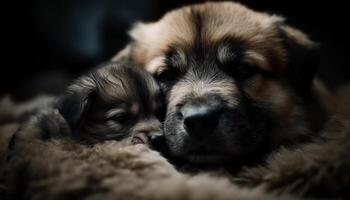 mignonne chiot dormant, duveteux fourrure, innocent yeux, espiègle et amusement généré par ai photo