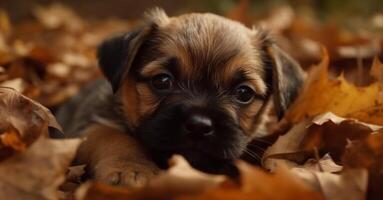 mignonne chiot en jouant dans le l'automne forêt, petit et espiègle généré par ai photo