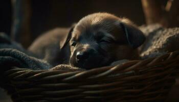 mignonne chiot en train de dormir dans une panier, innocence et douceur capturé généré par ai photo