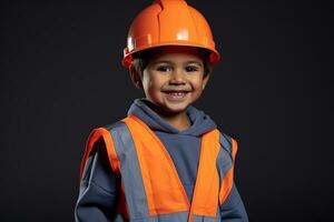 portrait de une mignonne peu garçon dans une construction casque ai généré photo