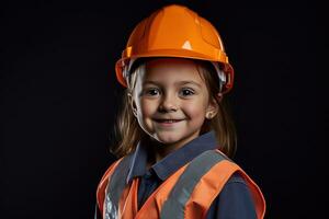 portrait de une souriant peu fille dans une construction casque ai généré photo