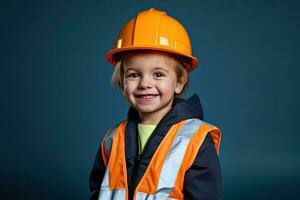 portrait de une mignonne peu garçon dans une construction casque ai généré photo