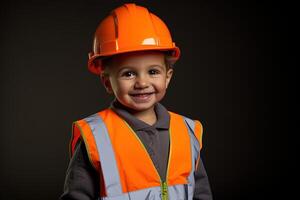 portrait de une mignonne peu garçon dans une construction casque ai généré photo