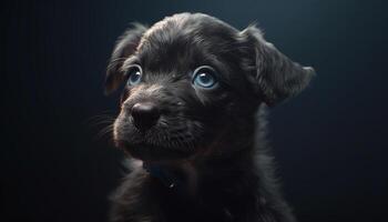 mignonne chiot séance, à la recherche à caméra, duveteux fourrure, bleu yeux généré par ai photo