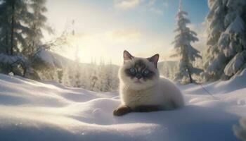 mignonne chaton séance dans neige, à la recherche à bleu hiver forêt généré par ai photo
