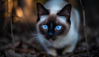 mignonne chaton séance dans herbe, regarder avec bleu yeux généré par ai photo