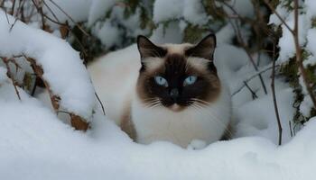 mignonne chaton séance dans neige, regarder avec bleu yeux généré par ai photo