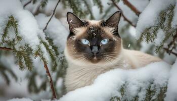 mignonne chaton séance sur neigeux bifurquer, regarder à caméra ludique généré par ai photo