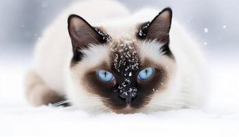 mignonne chaton en regardant, bleu yeux, duveteux fourrure, séance dans neige généré par ai photo