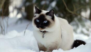 mignonne chaton séance dans neige, regarder à caméra avec curiosité généré par ai photo