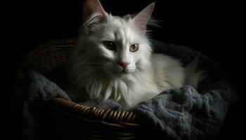 mignonne chaton avec duveteux fourrure, séance dans une confortable panier généré par ai photo