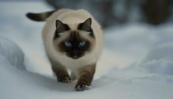 mignonne chaton séance dans neige, regarder avec bleu yeux généré par ai photo