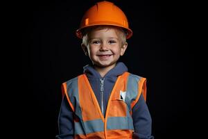 portrait de une mignonne peu garçon dans une construction casque ai généré photo