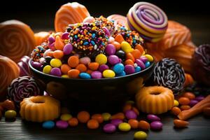 ai généré. Halloween des sucreries et bonbons sur foncé Contexte photo