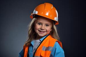 portrait de une souriant peu fille dans une construction casque ai généré photo