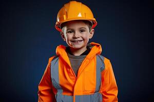 portrait de une mignonne peu garçon dans une construction casque ai généré photo