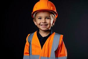 portrait de une mignonne peu garçon dans une construction casque ai généré photo