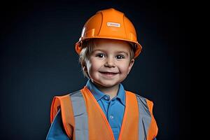 portrait de une mignonne peu garçon dans une construction casque ai généré photo