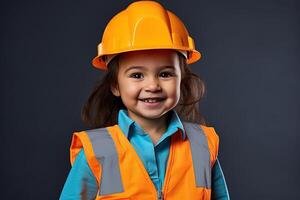 portrait de une souriant peu fille dans une construction casque ai généré photo