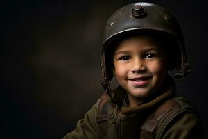 portrait de une mignonne peu garçon dans militaire uniforme sur foncé Contexte ai généré photo