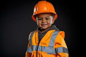 portrait de une mignonne peu garçon dans une construction casque ai généré photo