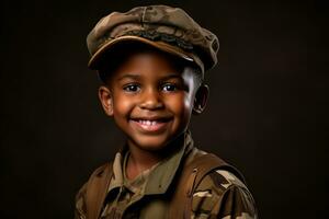 portrait de une mignonne peu garçon dans militaire uniforme sur foncé Contexte ai généré photo