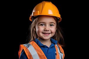 portrait de une souriant peu fille dans une construction casque ai généré photo