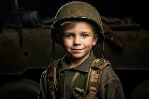 portrait de une mignonne peu garçon dans militaire uniforme sur foncé Contexte ai généré photo