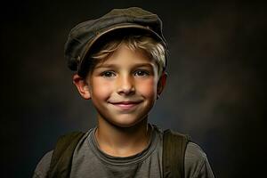 portrait de une mignonne peu garçon dans militaire uniforme sur foncé Contexte ai généré photo