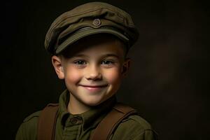 portrait de une mignonne peu garçon dans militaire uniforme sur foncé Contexte ai généré photo