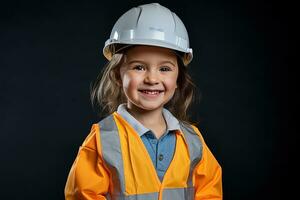 portrait de une souriant peu fille dans une construction casque ai généré photo