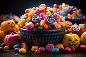 ai généré. Halloween des sucreries et bonbons sur foncé Contexte photo