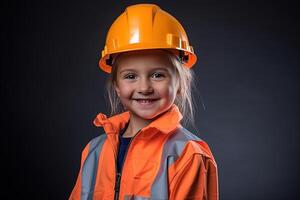 portrait de une souriant peu fille dans une construction casque ai généré photo