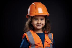 portrait de une souriant peu fille dans une construction casque ai généré photo