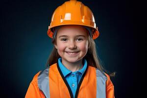 portrait de une souriant peu fille dans une construction casque ai généré photo