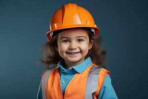 portrait de une souriant peu fille dans une construction casque ai généré photo