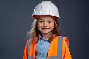 portrait de une souriant peu fille dans une construction casque ai généré photo