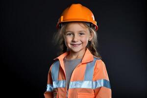 portrait de une souriant peu fille dans une construction casque ai généré photo