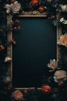 un vieux La peinture de fleurs sur une noir Contexte ai généré photo