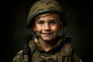 portrait de une mignonne peu garçon dans militaire uniforme sur foncé Contexte ai généré photo