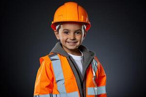 portrait de une mignonne peu garçon dans une construction casque ai généré photo