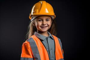 portrait de une souriant peu fille dans une construction casque ai généré photo